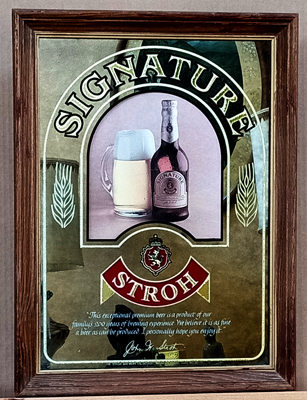 Front view of vintage Stroh’s Signature Beer smoked glass bar mirror