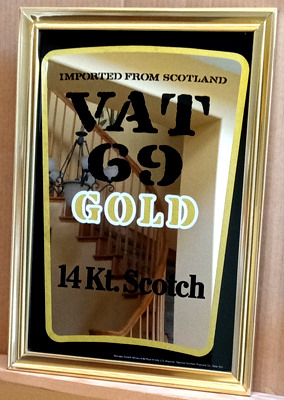 Vat 69 Gold Scotch Whisky Brass Framed Vintage Bar Mirror